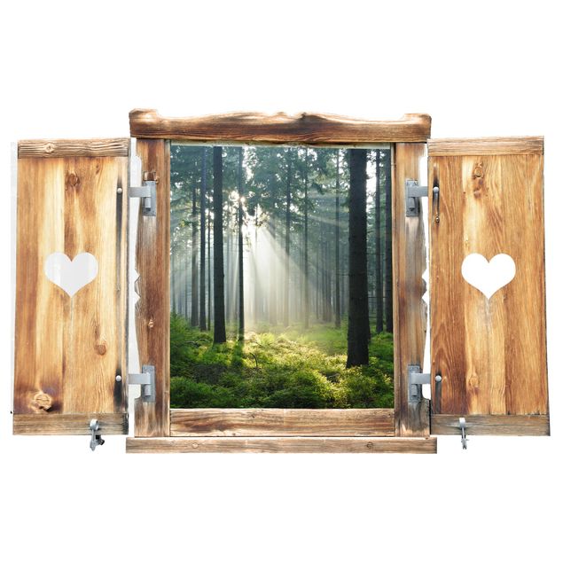 Muurstickers Window With Heart Enlightened Forest