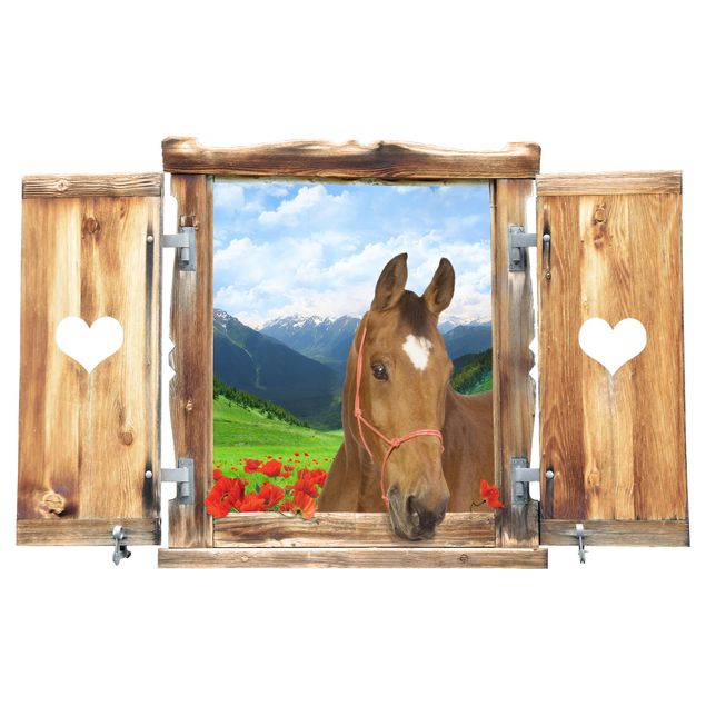 Muurstickers 3d Window With Heart And Horse Alpine Meadow