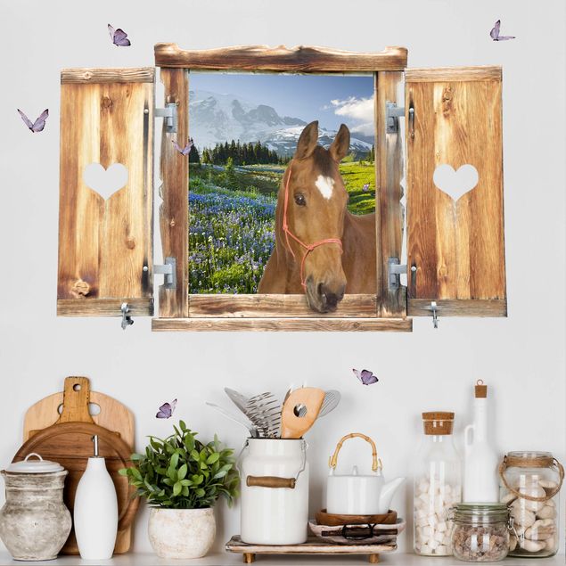 Muurstickers paard Window With Heart And Horse Mountain Meadow With Flowers