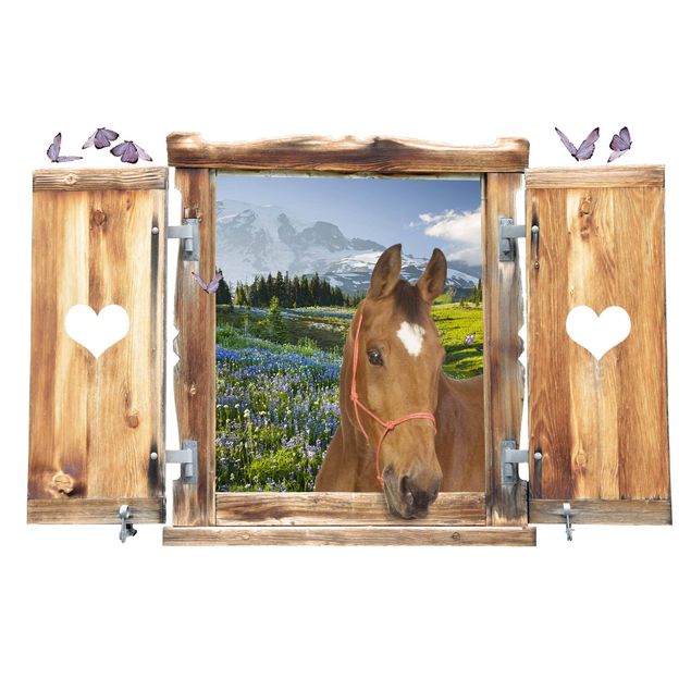 Muurstickers 3d Window With Heart And Horse Mountain Meadow With Flowers