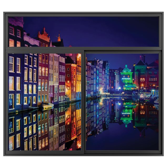Muurstickers 3d Window Black Amsterdam At Night