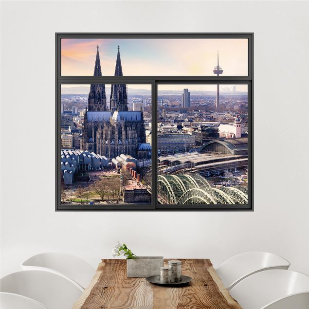 Muurstickers stadsnamen Window Black Cologne Skyline With Cathedral