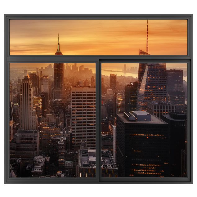Muurstickers 3d Window Black Manhattan Skyline Evening