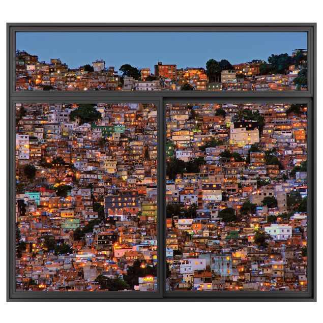 Muurstickers 3d Window Black Rio De Janeiro Favela Sunset