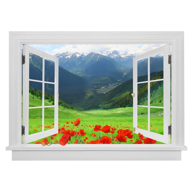 Muurstickers natuur Open Window Alpine Meadow And Poppies