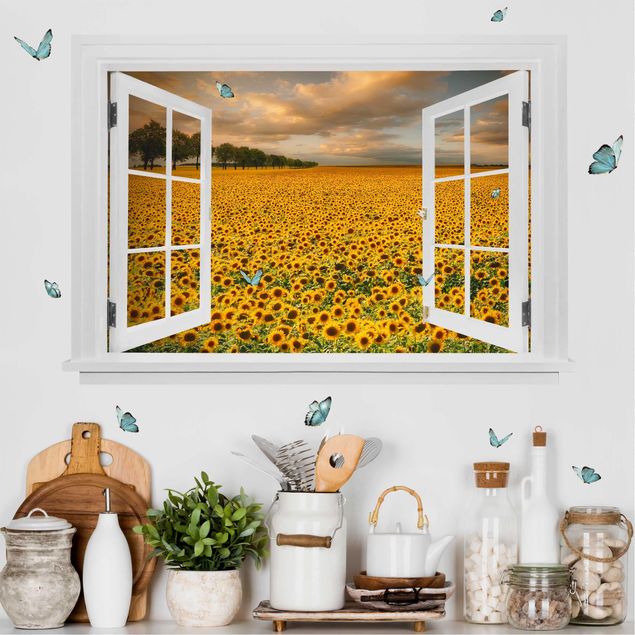 Muurstickers bloemen Open Window Field With Sunflowers