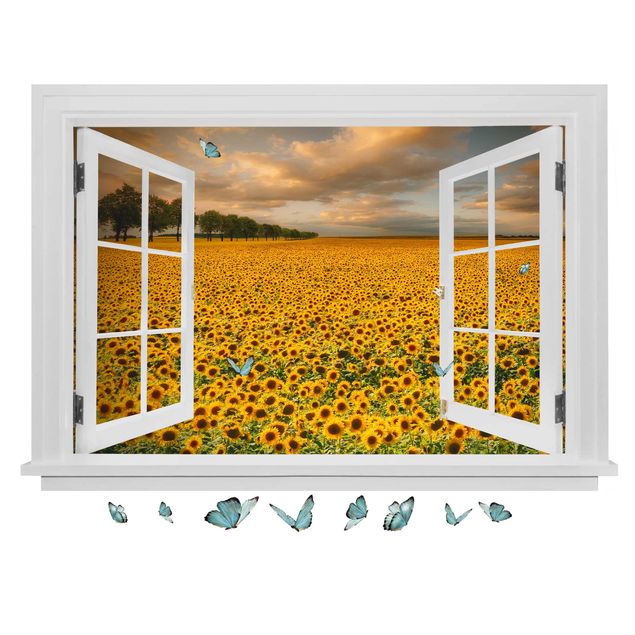 Muurstickers natuur Open Window Field With Sunflowers