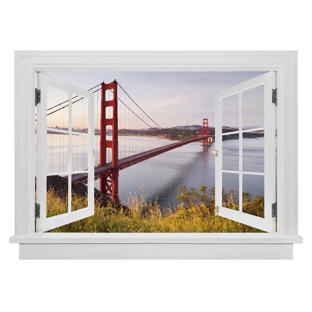 Muurstickers 3d Open Window Golden Gate Bridge In San Francisco