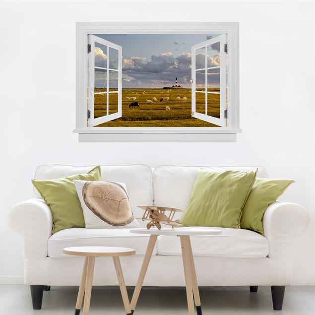 Muurstickers 3d Open Window North Sea Lighthouse With Sheep Herd