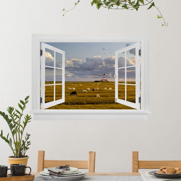 Muurstickers eiland Open Window North Sea Lighthouse With Sheep Herd
