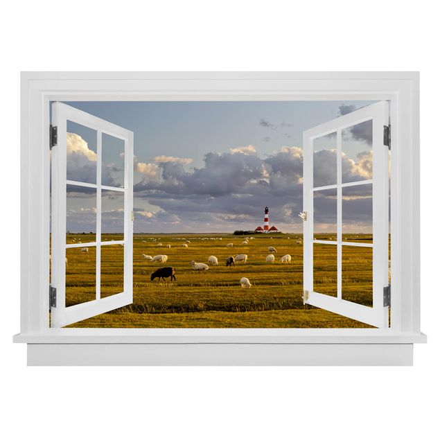 Muurstickers Open Window North Sea Lighthouse With Sheep Herd