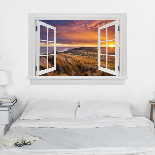 Muurstickers eiland Open Window Sunrise On The Beach On Sylt