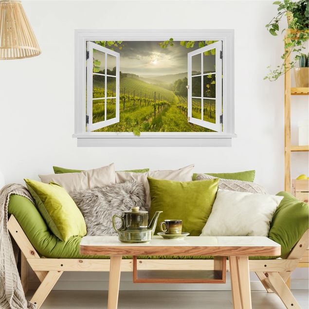Muurstickers 3d Open Window Sun Rays Vineyard With Vines And Grapes