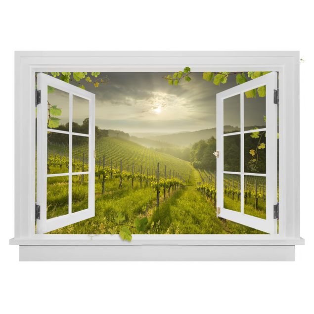 Muurstickers natuur Open Window Sun Rays Vineyard With Vines And Grapes