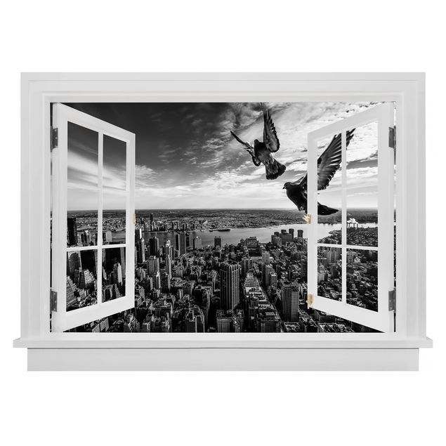 Muurstickers 3d Open Window Pigeons On The Empire State Building