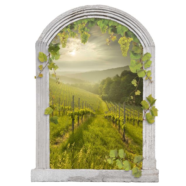 Muurstickers 3d Stone Arch Sun Rays Vineyard With Vines