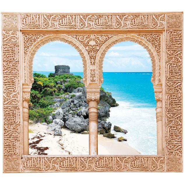 Muurstickers 3d Decorated Window Caribbean Coast Tulum Ruins