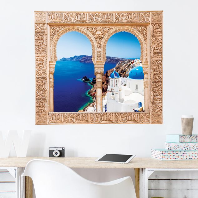 Muurstickers eiland Decorated Window View Over Santorini