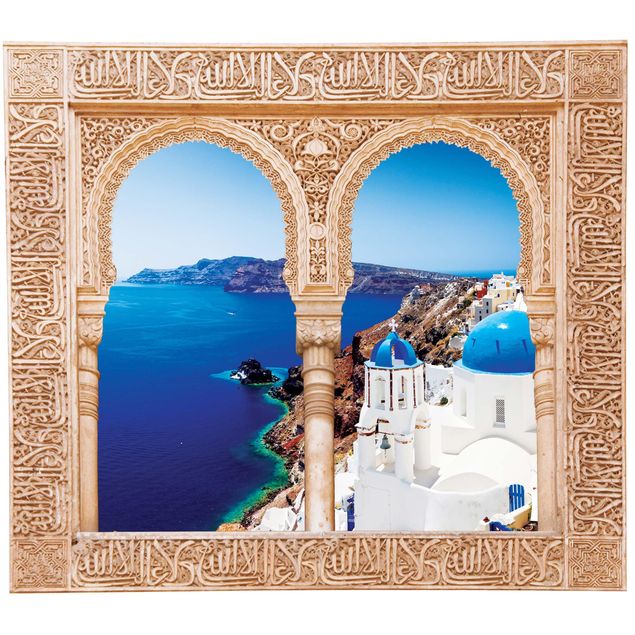 Muurstickers stadsnamen Decorated Window View Over Santorini