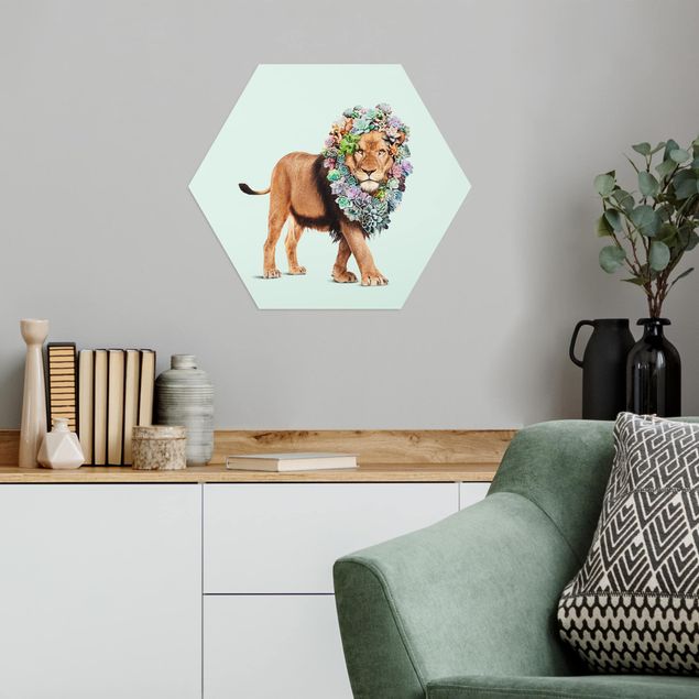 Hexagons Aluminium Dibond schilderijen Lion With Succulents