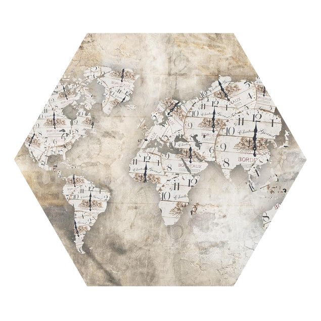 Hexagons Forex schilderijen Shabby Clocks World Map
