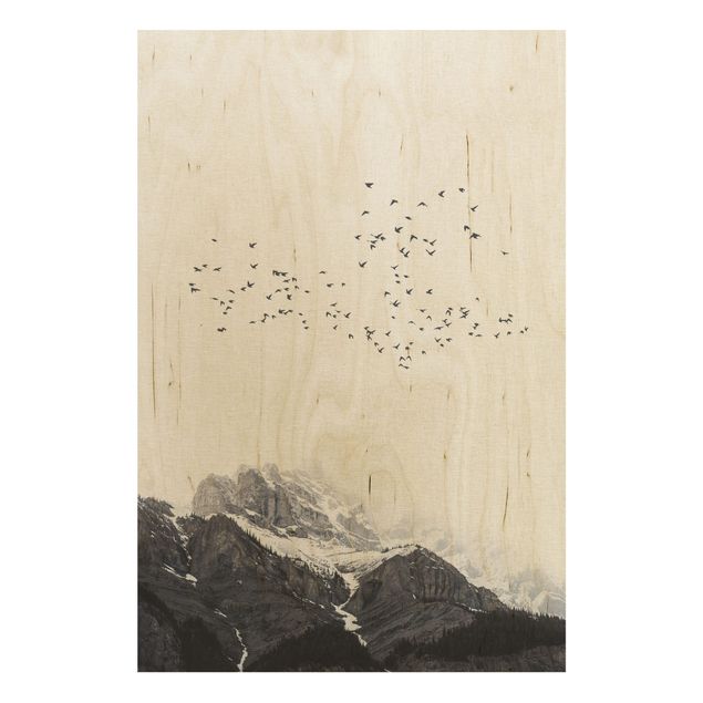 Houten schilderijen Flock Of Birds In Front Of Mountains Black And White