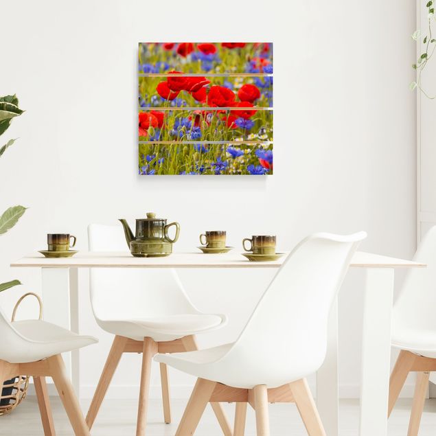 Houten schilderijen op plank Summer Meadow With Poppies And Cornflowers