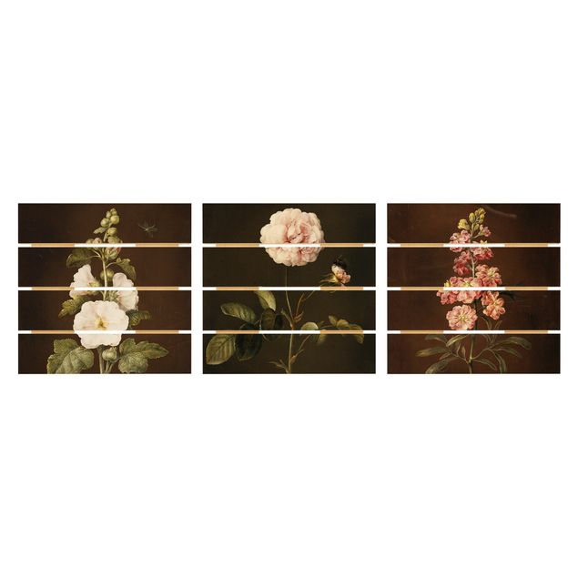 Houten schilderijen op plank - 3-delig Barbara Regina Dietzsch - Roses And Levkkoje