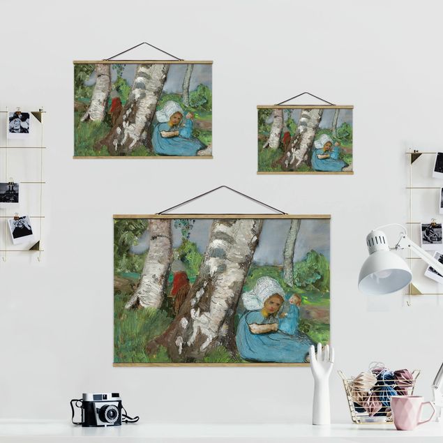 Stoffen schilderij met posterlijst Paula Modersohn-Becker - Child with Doll Sitting on a Birch Trunk