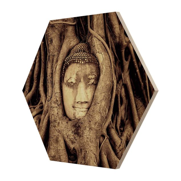 Hexagons houten schilderijen Buddha In Ayutthaya Lined From Tree Roots In Brown