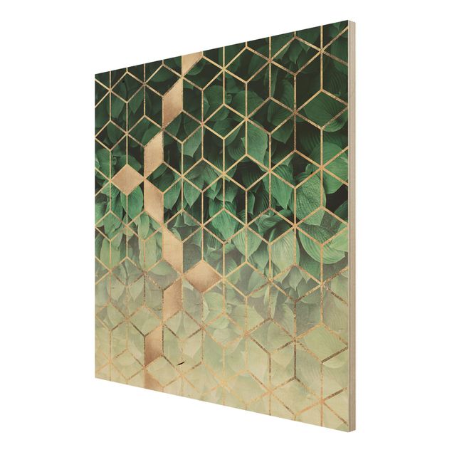 Houten schilderijen Green Leaves Golden Geometry