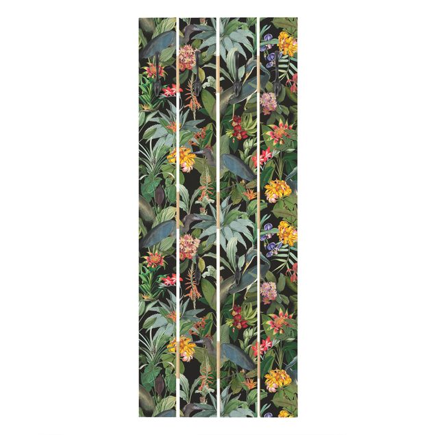 Wandkapstokken houten pallet Birds With Tropical Flowers