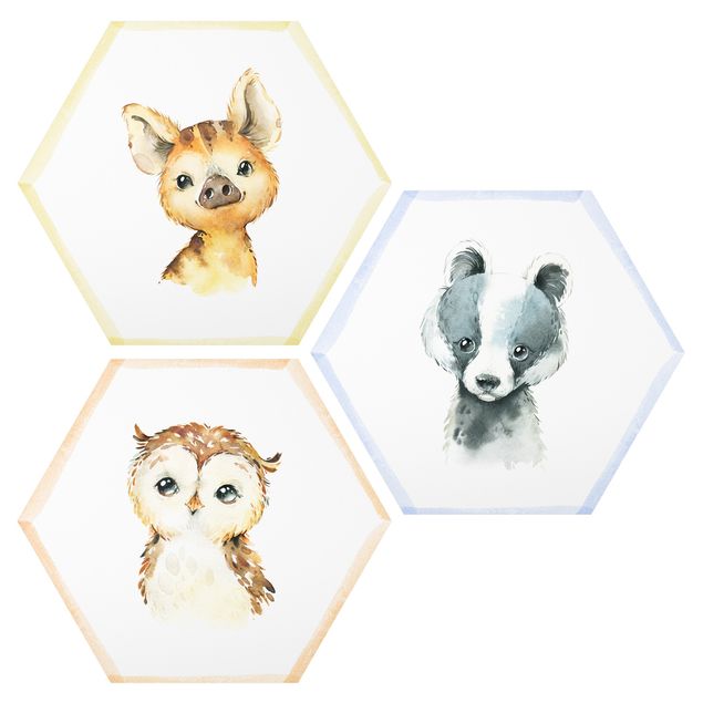 Hexagons Forex schilderijen - 3-delig Watercolour Forest Animals Set II