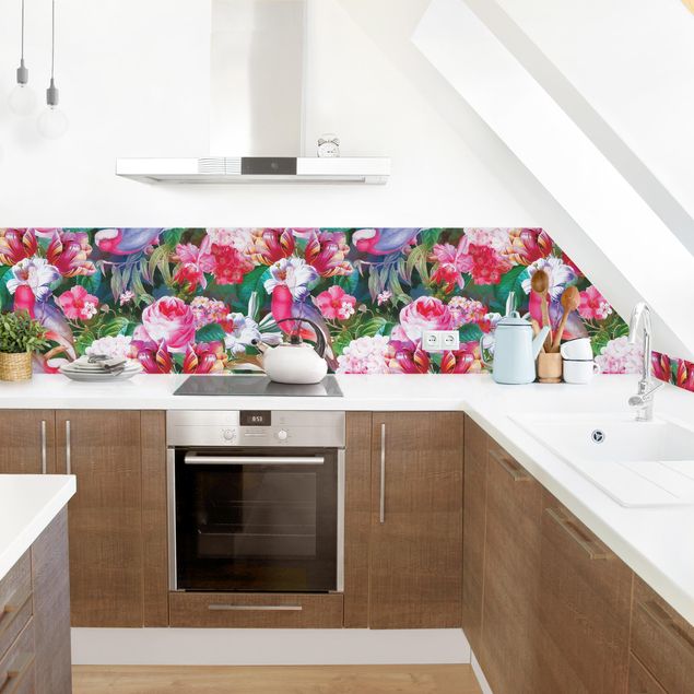 Achterwand voor keuken patroon Colourful Tropical Flowers With Birds Pink