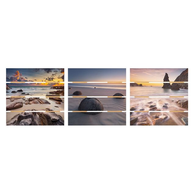 Houten schilderijen op plank - 3-delig Sunrises On The Beach