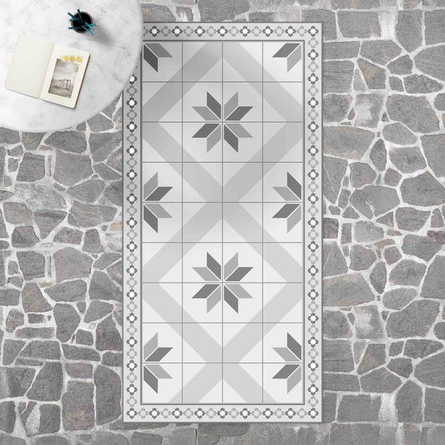 loper vloerkleed Geometrical Tiles Rhombic Flower Grey With Narrow Border