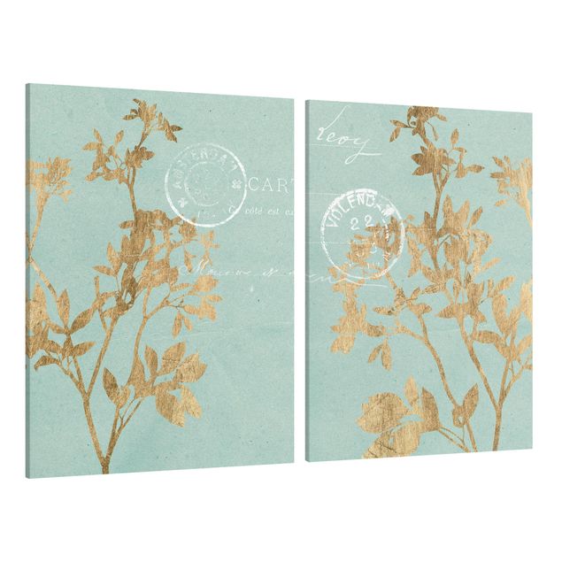 Canvas schilderijen - 2-delig  Golden Leaves On Turquoise Set I