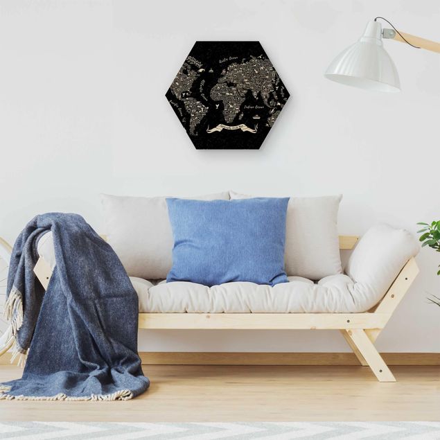Hexagons houten schilderijen Typography World Map Black