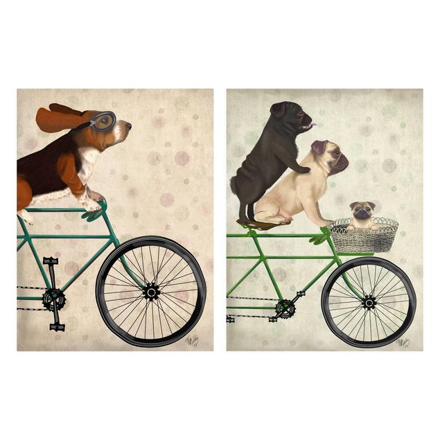 Canvas schilderijen - 2-delig  Cycling - Basset And Pugs Set I
