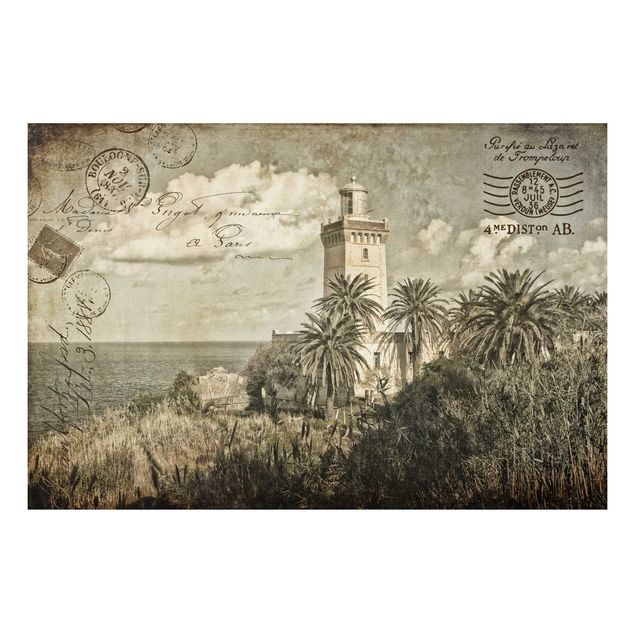 Forex schilderijen Vintage Postcard With Lighthouse And Palm Trees