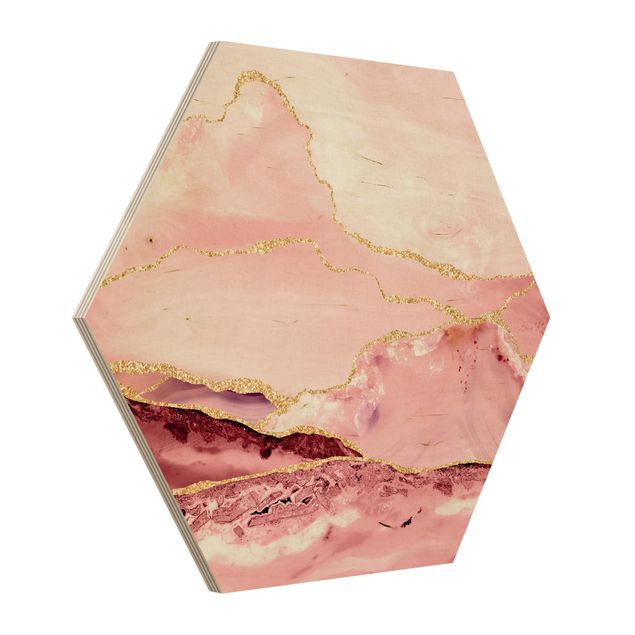 Hexagons houten schilderijen Abstract Mountains Pink With Golden Lines
