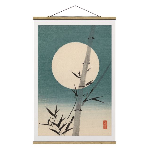 Stoffen schilderij met posterlijst Japanese Drawing Bamboo And Moon