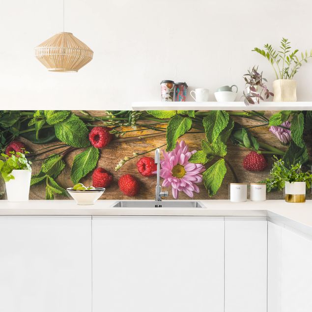 Achterwand voor keuken groenten en fruit Flowers Raspberries Mint