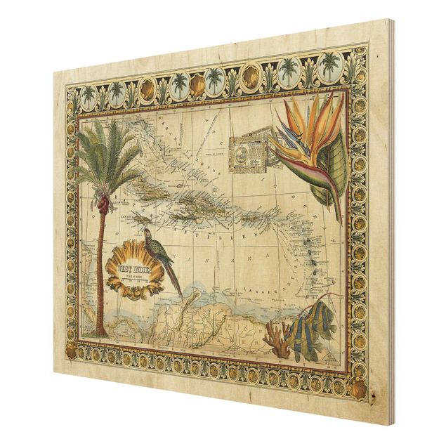 Houten schilderijen Vintage Tropical Map West Indies