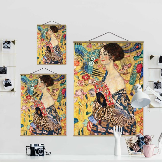 Stoffen schilderij met posterlijst Gustav Klimt - Lady With Fan
