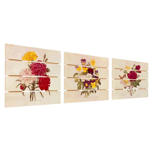 Houten schilderijen op plank - 3-delig Pierre Joseph Redouté - Roses Cloves Pansies
