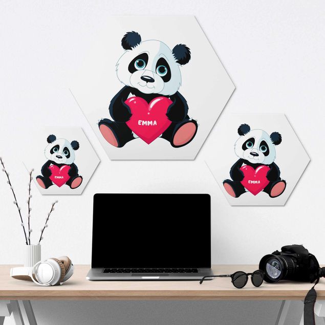 Hexagons Aluminium Dibond schilderijen Panda With Heart