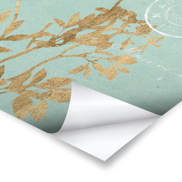 Posters Golden Leaves On Turquoise I