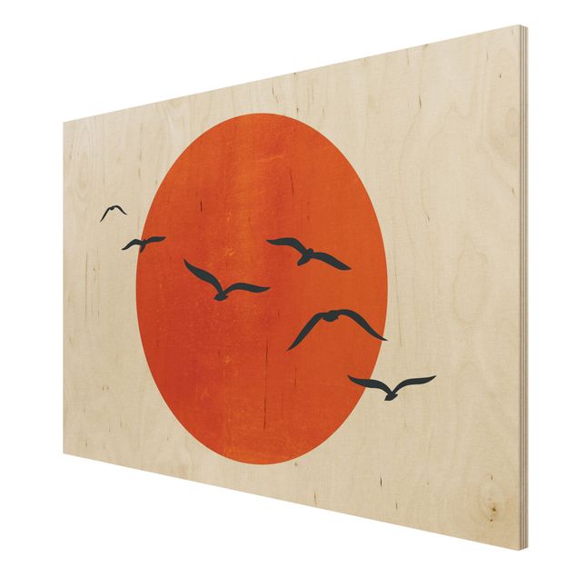Houten schilderijen Flock Of Birds In Front Of Red Sun I
