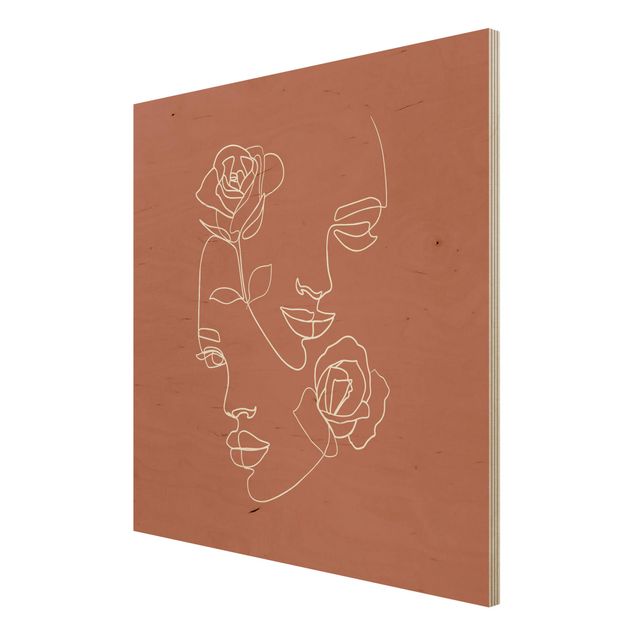 Houten schilderijen Line Art Faces Women Roses Copper